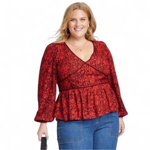 Knox Rose Blouse Sz XL Red Floral Ruched Waist Piping Ruffle Metallic Thread